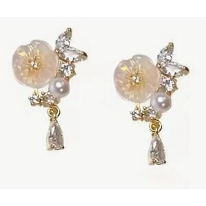 Rhinestone Pearl Flower Drop Earrings